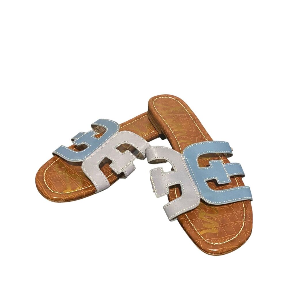 Sam Edelman Sandal Leather 8.5 Blue Bay Cutout Slide Flats Slip On Comfort